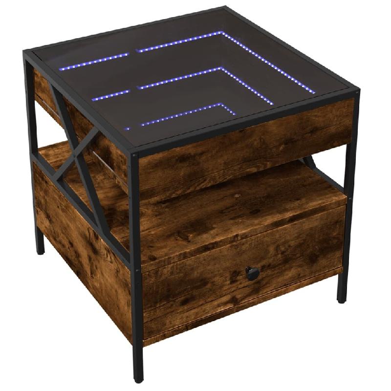 Décoshop26 - Table de chevet avec tiroir et étagère design moderne avec LED 50 x 50 x 51 cm bois d'ingénieri marron verre et métal DEC037548 - ma_0