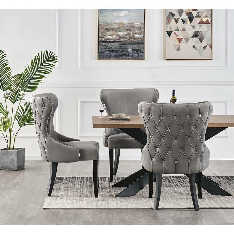 MAYFAIR - LOT DE 6 CHAISES CAPITONNÉES EN VELOURS GRIS FONCÉ - STYLE CONTEMPORAIN - PIEDS EN BOIS - SALLE À MANGER, CUISINE OU COIFFEUSE - GRIS FONCÉ