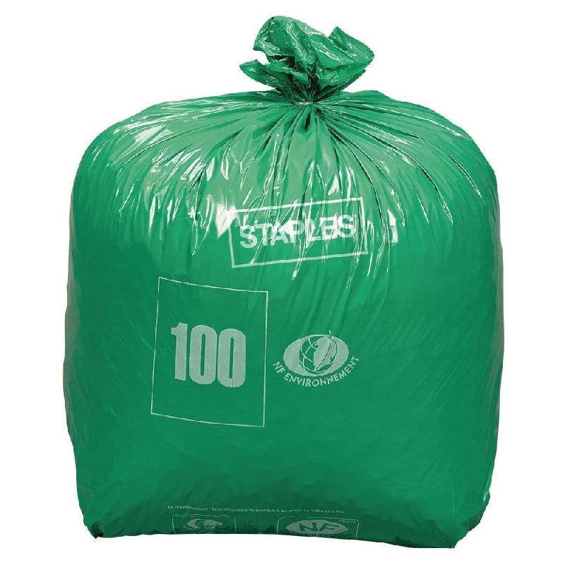 STAPLES CARTON DE 200 SACS POUBELLE ECOLOGIQUE STAPLES 100 L VERT