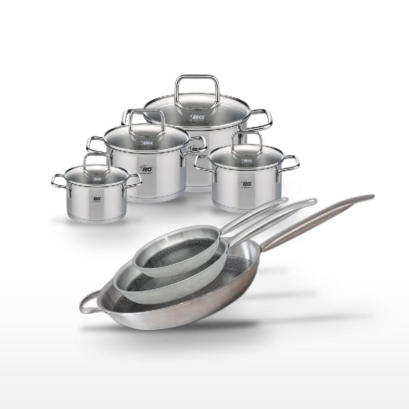 Batterie de cuisine avec 3 poêles 24/28/32 cm et 4 faitouts 12/14/16/20 cm sans PFAS Elo Collection Relief Solution Citrin - gris 3176239940602_0
