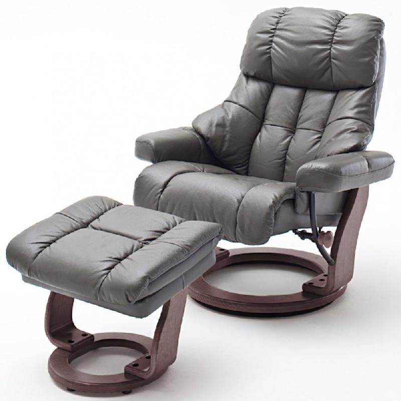 Fauteuil relax CLAIRAC XL - assise en cuir nougat, pied bois couleur noyer, avec repose-pied et inclinaison 135°_0
