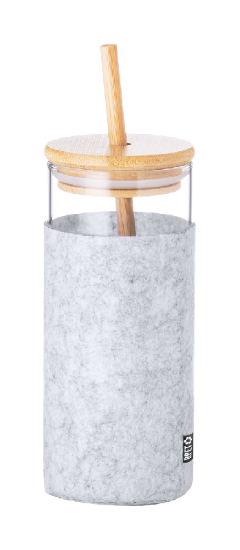 Gobelet en verre borosilicaté - 450 ml - avec feutre RPET, couvercle en bambou et paille_0