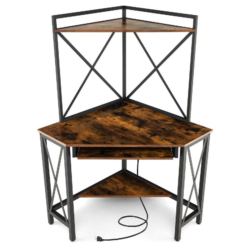 Helloshop26 - Bureau d'angle peu encombrant 113 x 75 x 145 cm avec station de recharge design moderne en métal marron rustique 20_0019064 - marron m�_0
