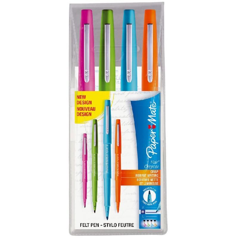 PAPER MATE FEUTRE FLAIR® ORIGINAL POINTE 1.0 MM COLORIS ASSORTIS (ORANGE, VERT, TURQUOISE, ROSE) - POCHETTE DE 4