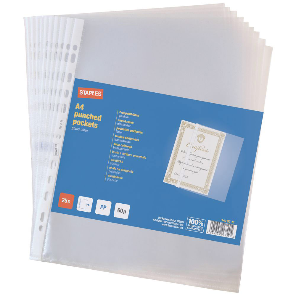 POCHETTES PERFOREES A4 POLYPROPYLENE LISSE 6/100 INSERTION PAR LE CÔTE - BOÎTE DE 25