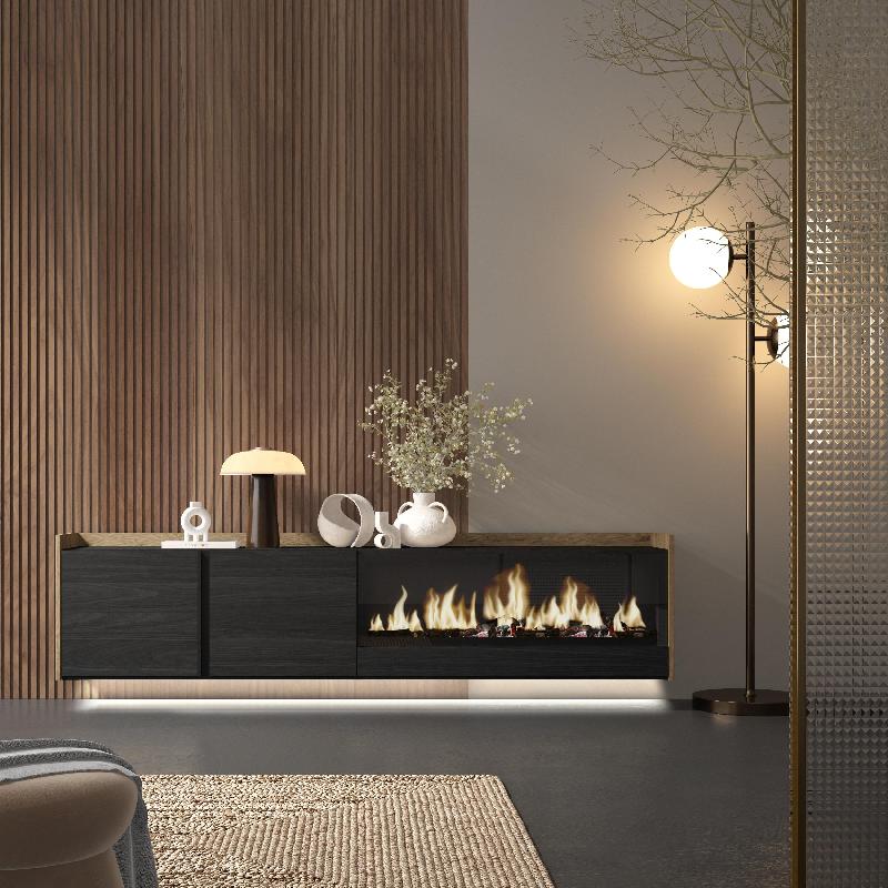 SKRAUT HOME - MEUBLE TV EFFET BOIS NOIR ET CHÊNE 212X35X50CM CHEMINÉE EFFET FEU XXL