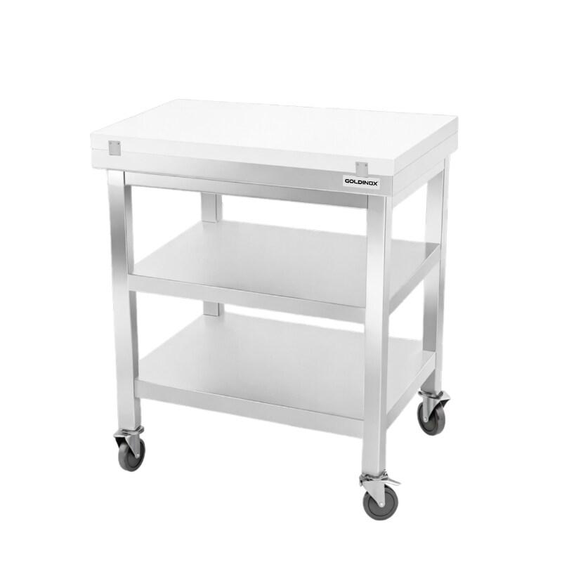Table de travail en inox 800x600 mm avec plaque de découpe blanche et 2 étagères sur roulettes PREMIUM - GOLDINOX - gris inox 3701770841288_0