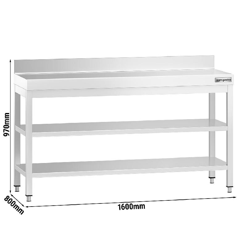 Table Inox de travail Premium avec Dosseret et 2 Étagères - Profondeur 800 mm - 1600_0