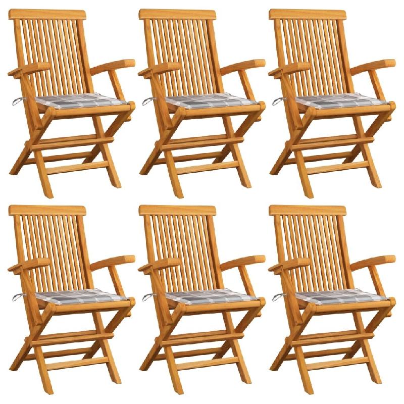 VidaXL Chaises De Jardin Coussins à Carreaux Gris Lot De 6 Teck Massif - multicolore 3062555_0