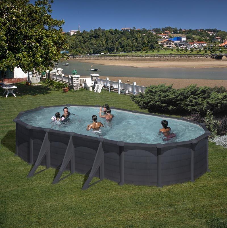 Piscine ovale acier 7,44m x 3,99m x h: 1,32m - gris anthracite - filtration à sable - renforts apparents_0