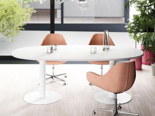 Table de réunion ovale Pop Panel - bois mélaminé blanc - Dimensions 180x90 ou 210x100 cm - Piètement tulipe en acier_0