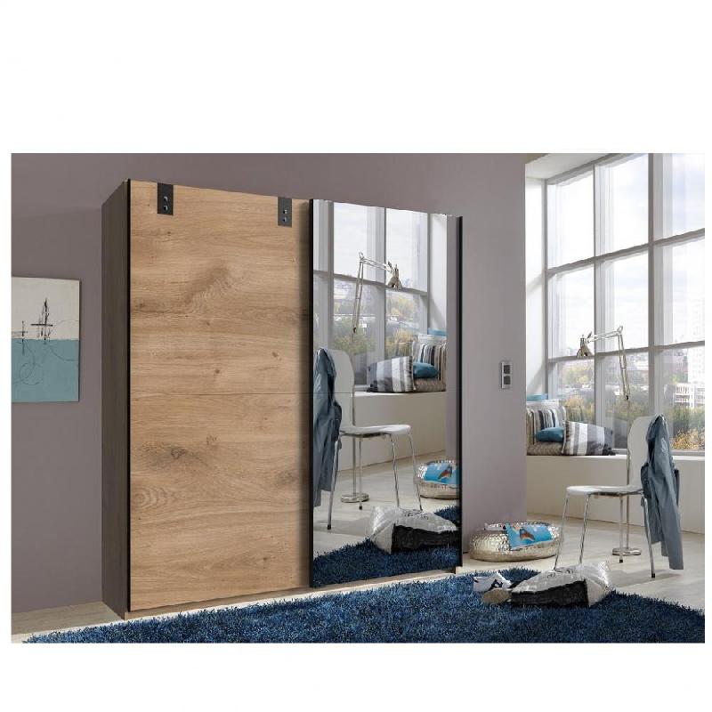 ARMOIRE EMY STYLE INDUSTRIEL 180 CM COULISSANTE CHÊNE POUTRE / MIROIR
