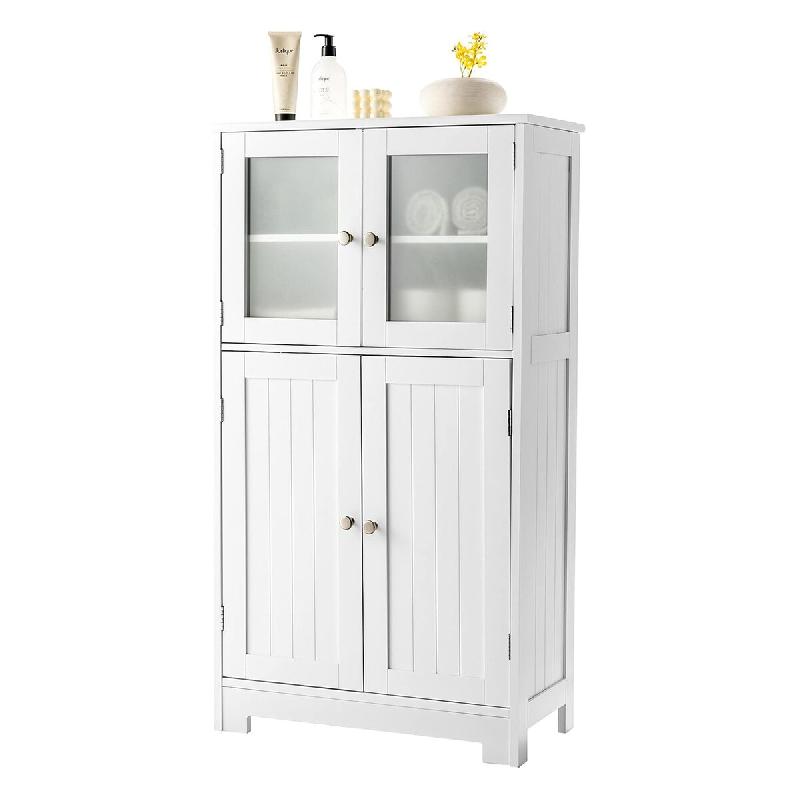 COSTWAY Armoire salle de bain blanche 4 portes vitrées, étagère réglable, meuble polyvalent bois pour bain, entrée, bureau - blanc Bois manufactu_0