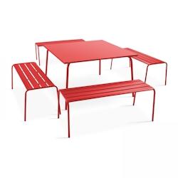 Oviala Business Ensemble table de terrasse carrée et 4 bancs en métal rouge - rouge acier 105033_0