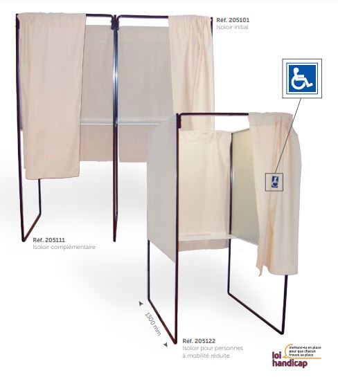 Isoloir électoral - version PMR disponible - structure en acier laqué marron, rideau coton opaque M1_0