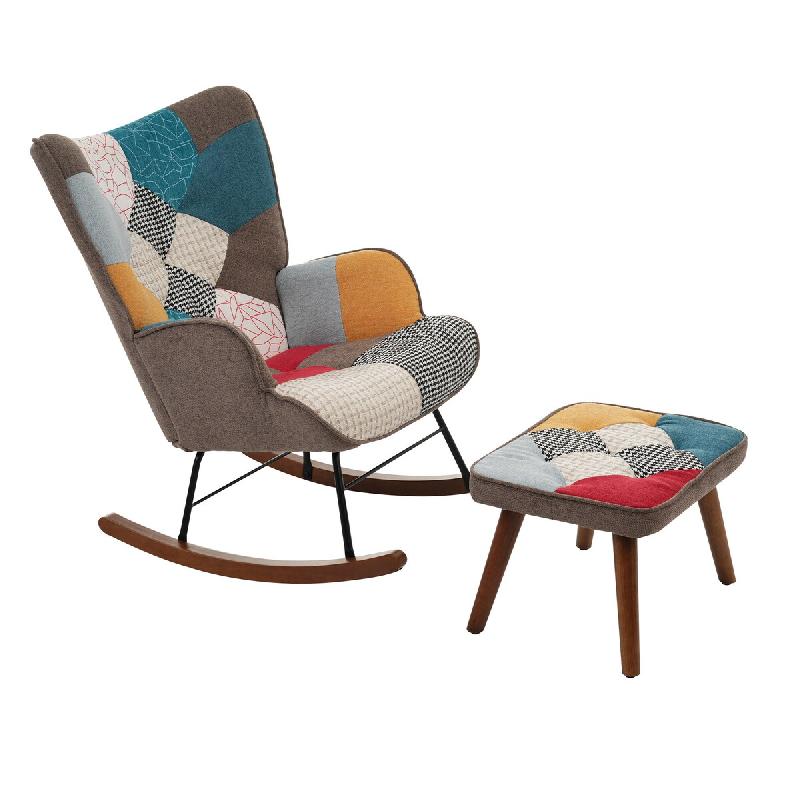 Merax Fauteuil à bascule avec repose-pieds, siège rembourré patchwork, pieds bois massif et fer, multicolore - multicolore multi-matériau N621P189298A_0