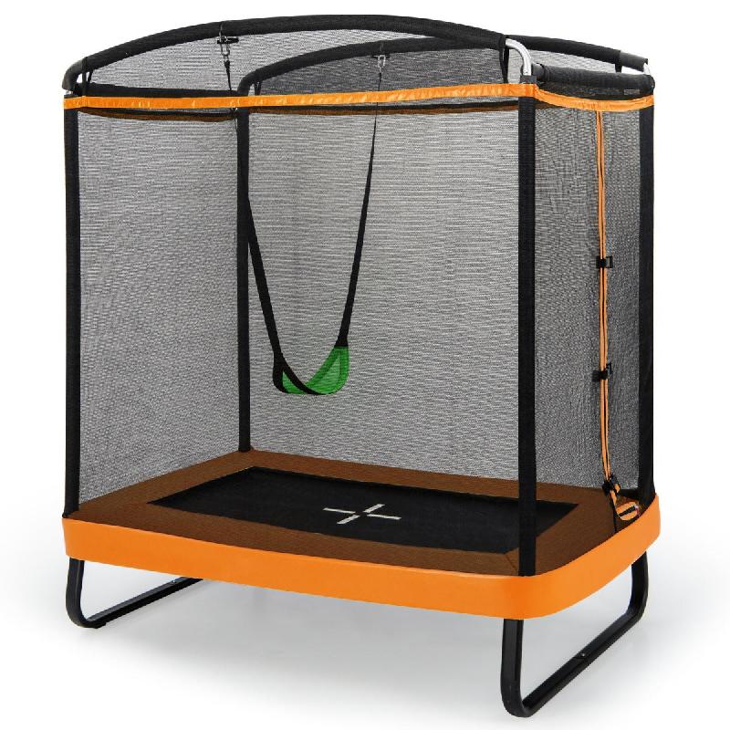 2 EN 1 TRAMPOLINE ENFANTS 190 X 122CM AVEC BALANÇOIRE AMOVIBLE TRAMPOLINE DE JARDIN AVEC FILET DE SÉCURITÉ CHARGE 100 KG POUR 3 ANS+ NOIR ORANGE 20_0007547_0