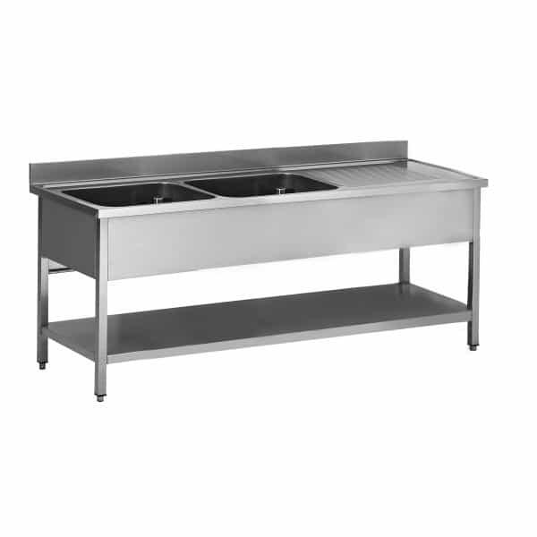 Plonge soudée sur pieds carrés avec étagère, inox AISI 304, 2 bacs, longueur 1500 mm (Position bac: Gauche - Réf SPL157-2BG-ETP-1)_0