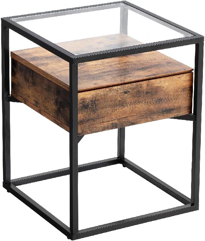 TABLE D\'APPOINT TABLE DE CHEVET DE STYLE INDUSTRIEL PLATEAU EN VERRE TREMPÉ TIROIR TABLE BASSE POUR SALON CHAMBRE 43 X 43 X 54 CM ARMATURE EN FER RIGIDE 12_0001030_0