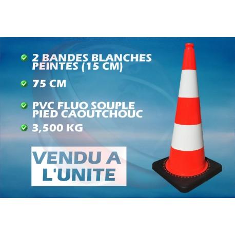 Cone pvc 75 cm orange fluo pied caoutchouc 2 bandes blanches_0