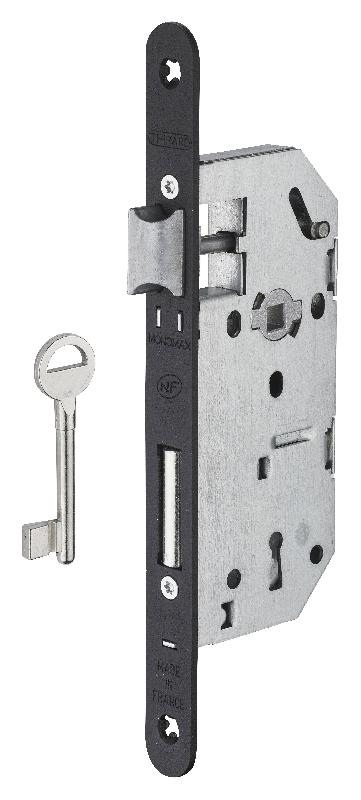 Serrure encastrable Monomax NF - têtière noire - pour porte intérieure, 2 tours, réversible, acier galvanisé_0