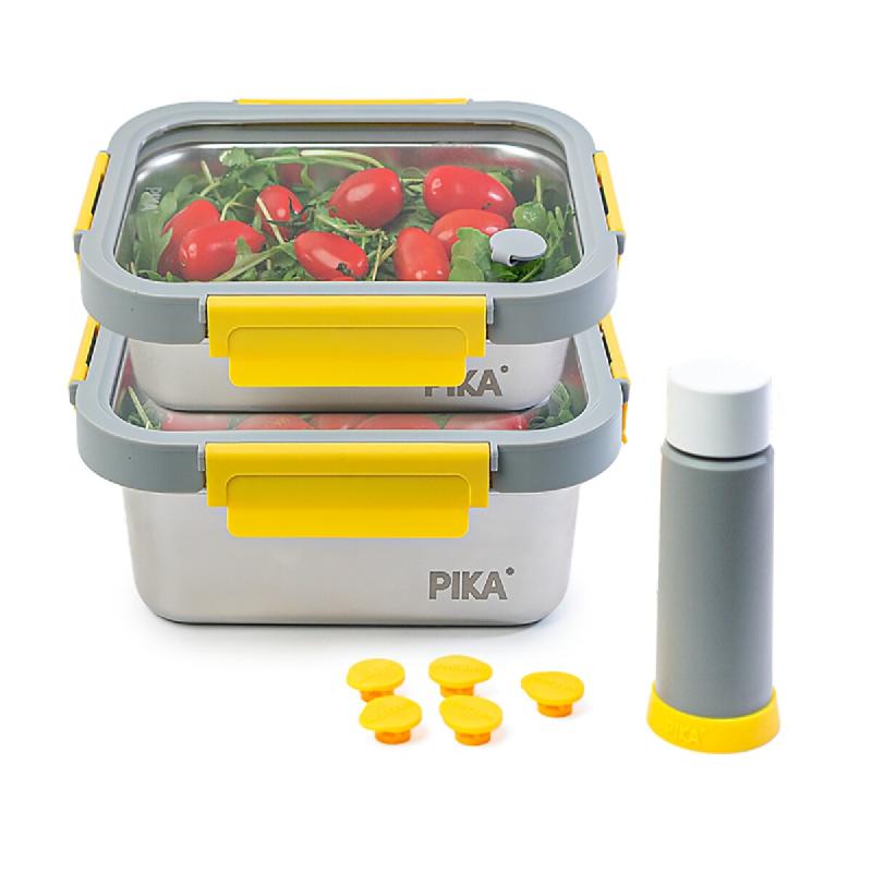 PIKA | Lot de 2 boites alimentaires sous vide en inox + pompe de mise sous vide | 820ml + 1200ml | Micro-ondes, four, congélateur | Légère & hermé_0