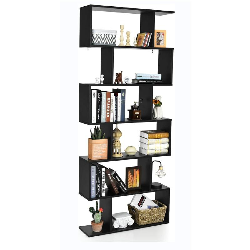 COSTWAY Étagère bois, 6 niveaux, plantes/livres, mur, forme S, bureau (noir) - noir multi-matériau ON32566PW_0