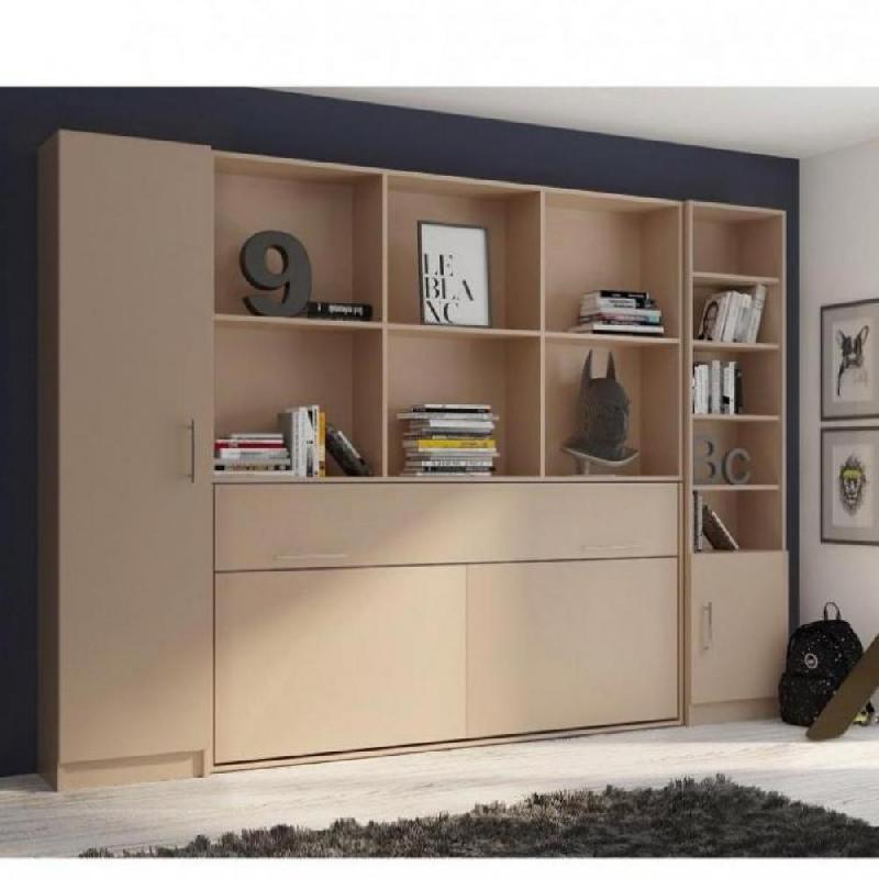 Composition lit escamotable Vertigo taupe mat - largeur 311 cm - couchage 90x200 cm avec rangements intégrés_0