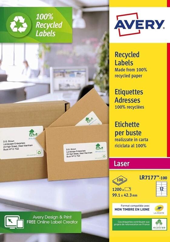 AVERY 1200 étiquettes recyclées Laser blanches, format 99,1 x 42,3 mm (100 feuilles / cdt) - 5014702138409_0