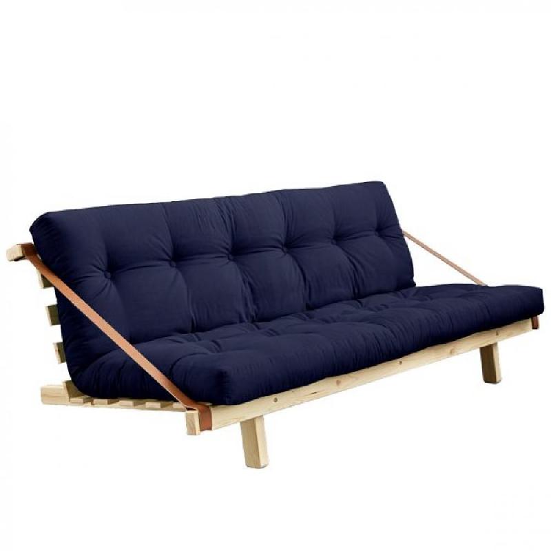Banquette futon Jump en pin massif - Coloris bleu marine - Couchage 130 x 190 cm - Design scandinave avec lanières en cuir_0