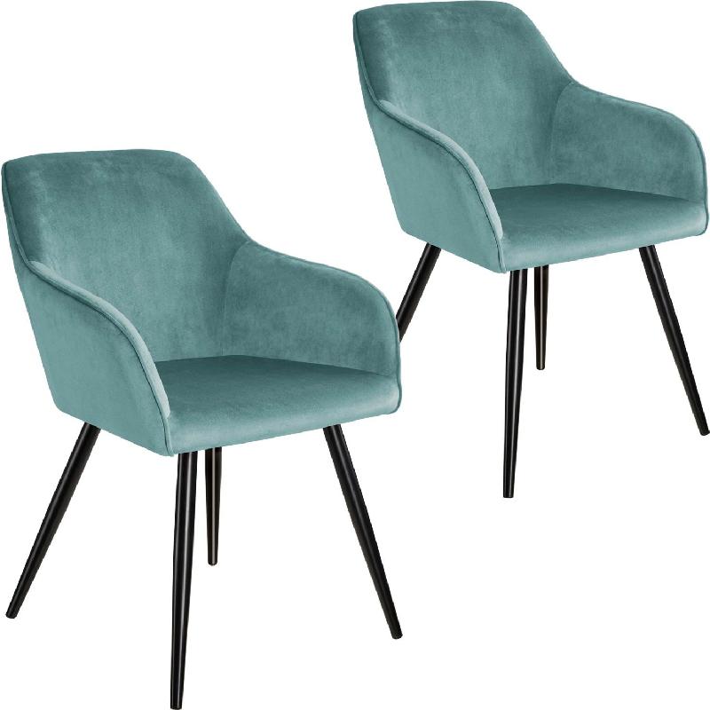 Lot de 2 chaises en velours turquoise - design élégant - pieds noirs - style vintage - salle à manger, salon, cuisine - 08_0000138_0