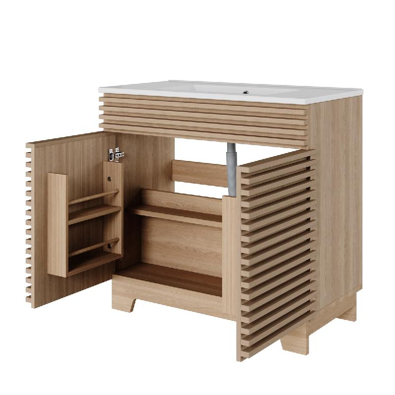 Merax lavabo 91x46x80cm, meuble de salle de bain sur pied avec lavabo en céramique, double porte, fermeture amortie, aspect bois naturel - multi-mat�_0