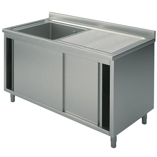 Plonge inox sur armoire, 1 bac, égouttoir à droite, avec portes coulissantes, 1100x600 mm - SLA1GD1106_0