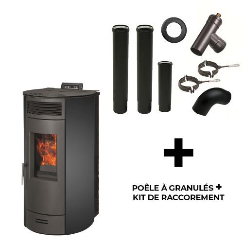POÊLE À GRANULÉS AIR FLAVIA - 13 KW - NOIR + KIT DE RACCORDEMENT FUMISTERIE SANNOVER
