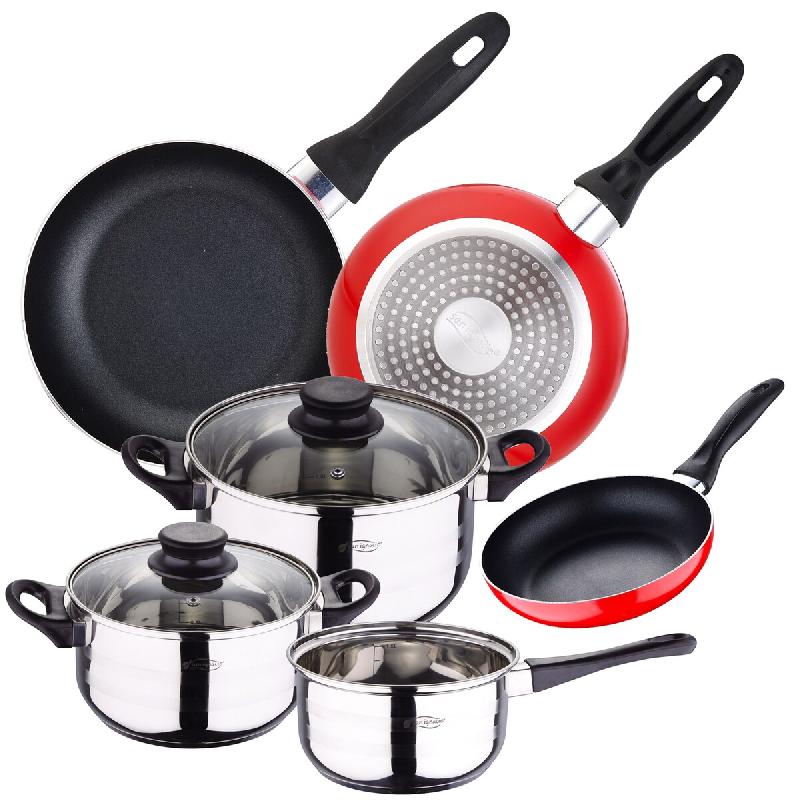 San Ignacio - Batterie de cuisine Toledo : 3 casseroles avec couvercles et 3 poêles Ø16/20/24cm en acier inoxydable/aluminium pressé - multi-matér_0
