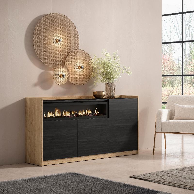 SKRAUT HOME - BUFFET SALON ET CUISINE, 156X80X37 CM, 3 PORTES, CHEMINÉE ÉLECTRIQUE, NOIR ET CHÊNE