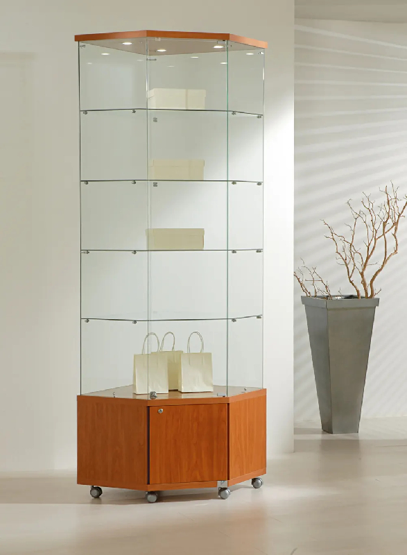 Vitrine haute d'angle 7/22MVA - verre trempé - cerisier - dimensions 68x68x220 cm_0