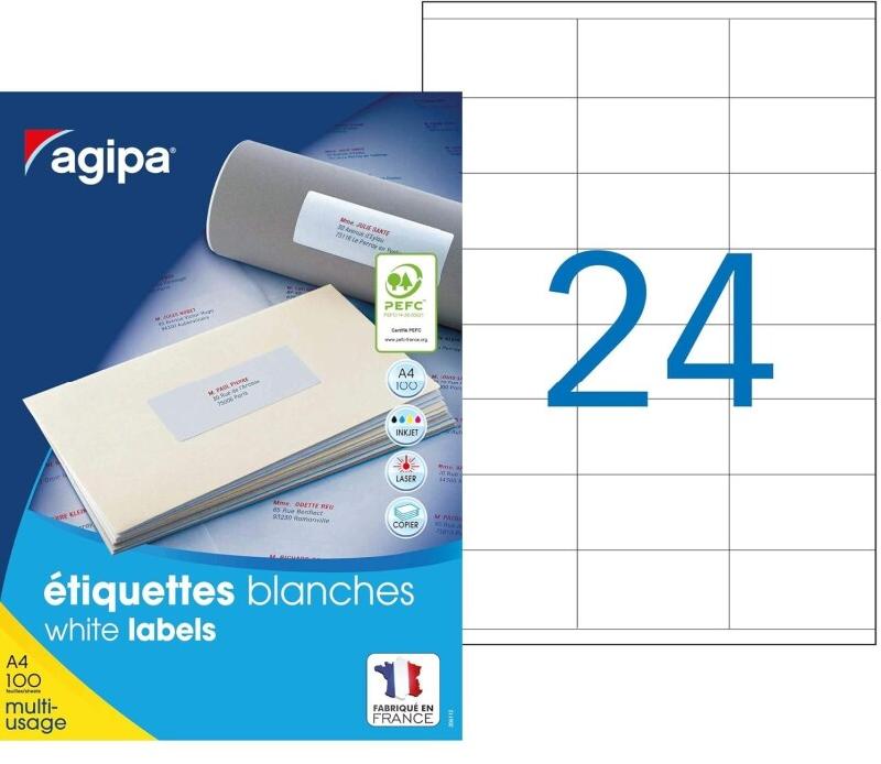 Apli Agipa – Boite Étiquettes Adhésives Blanches Multi–Usages Coins Droits – Certifié FSC – Anti-bourrage - 70 x 35 mm – 2400 Étiquettes_0