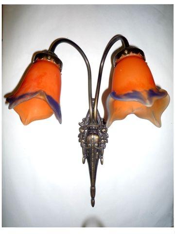 Applique Liberty double patinée - 2 tulipes orange en pâte de verre - petit modèle pointe - Art Nouveau_0