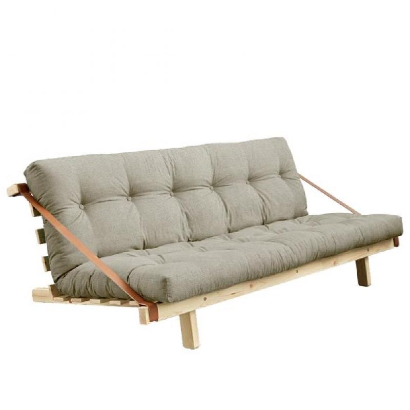 Banquette futon JUMP en pin massif - tissu lin - couchage 130 x 202 cm - design scandinave et lanières en cuir_0