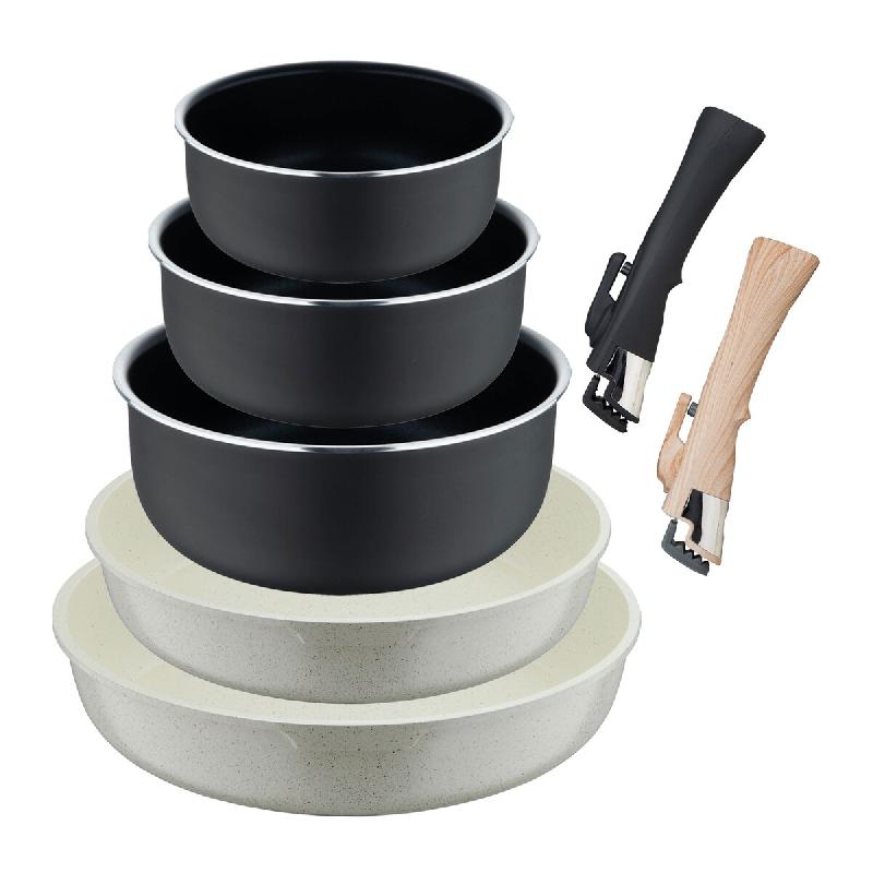 BERGNER Click&Cook - Ensemble de 2 poêles Ø22/26cm aluminium moulé avec 3 casseroles Heat Dot Ø16/18/20cm aluminium embouti et 2 poignées amovibl_0
