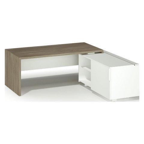 BUREAU RETOUR À DROITE SUR DESSERTE L 180 X P 90 CM PLATEAU ORME ET RETOUR BLANC PIÈTEMENT PLEIN ESSENZZA
