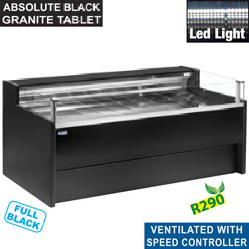 Comptoir vitrine réfrigéré boucherie et poissonnerie - vitre self-service, ventilé, avec réserve - noir - dim. 1500x1085xh915 - VZ15/B5-VR2/SS_0