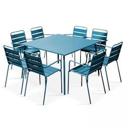 Oviala Business Ensemble table de terrasse carrée et 8 fauteuils en métal bleu pacific - Oviala - bleu acier 106046_0