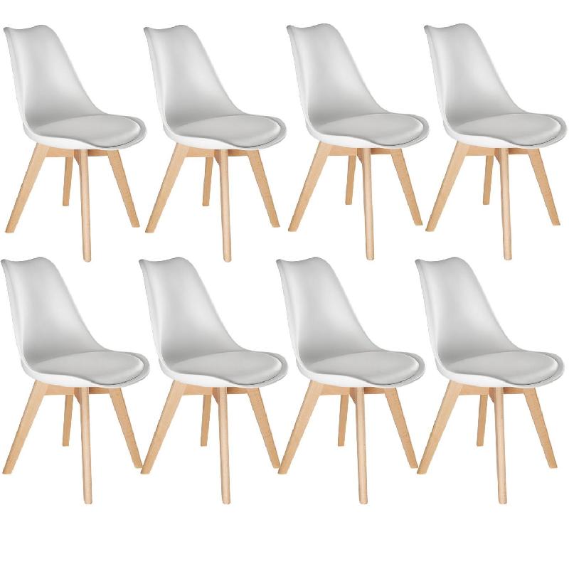 LOT DE 8 CHAISES PIEDS EN BOIS CLAIR SIÈGE DE SALON CUISINE SALLE À MANGER DESIGN MINIMALISTE ÉPURÉ ERGONOMIQUE BLANC 08_0000116_0