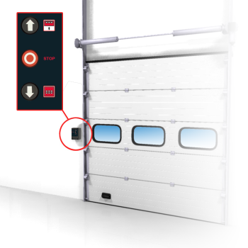 Porte sectionnelle industrielle 601 - automatique, repliable latéralement, pleine, en panneaux sandwich, avec portillon et hublot - isolation thermique - 8000 x 6700 mm_1