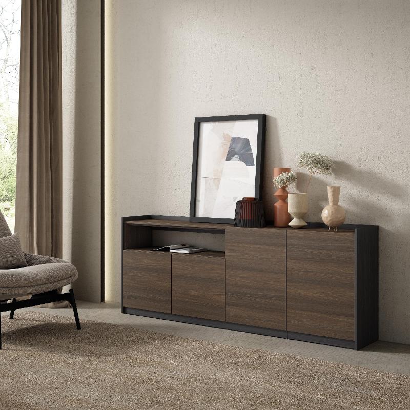 SKRAUT HOME - BUFFET SALON ET CUISINE, 207X80X37 CM, 4 PORTES, MEUBLE CHAUSSURE, CHÊNE FONCÉ ET NOIR