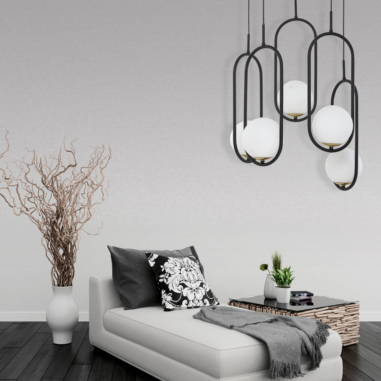 JUPITER SUSPENSION SAMBA, VERRE OPALE/NOIRE À 5 LAMPES