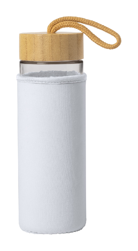Bouteille en verre 530 ml - néoprène blanc - couvercle en bambou_0