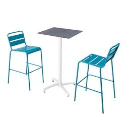 Oviala Business - Ensemble table haute stratifié ardoise gris 60x60x110 cm et 2 chaises hautes bleu pacific en métal_0
